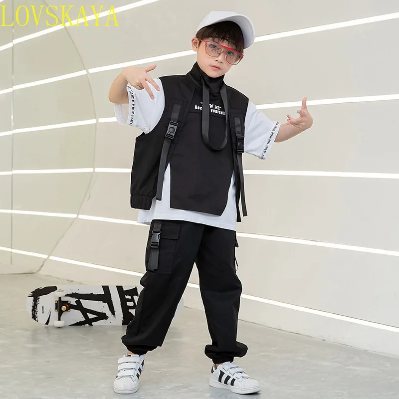 Black children's hip-hop clothing T-shirt top tactical pants sleeveless jacket vest girl boy jazz dance clothing