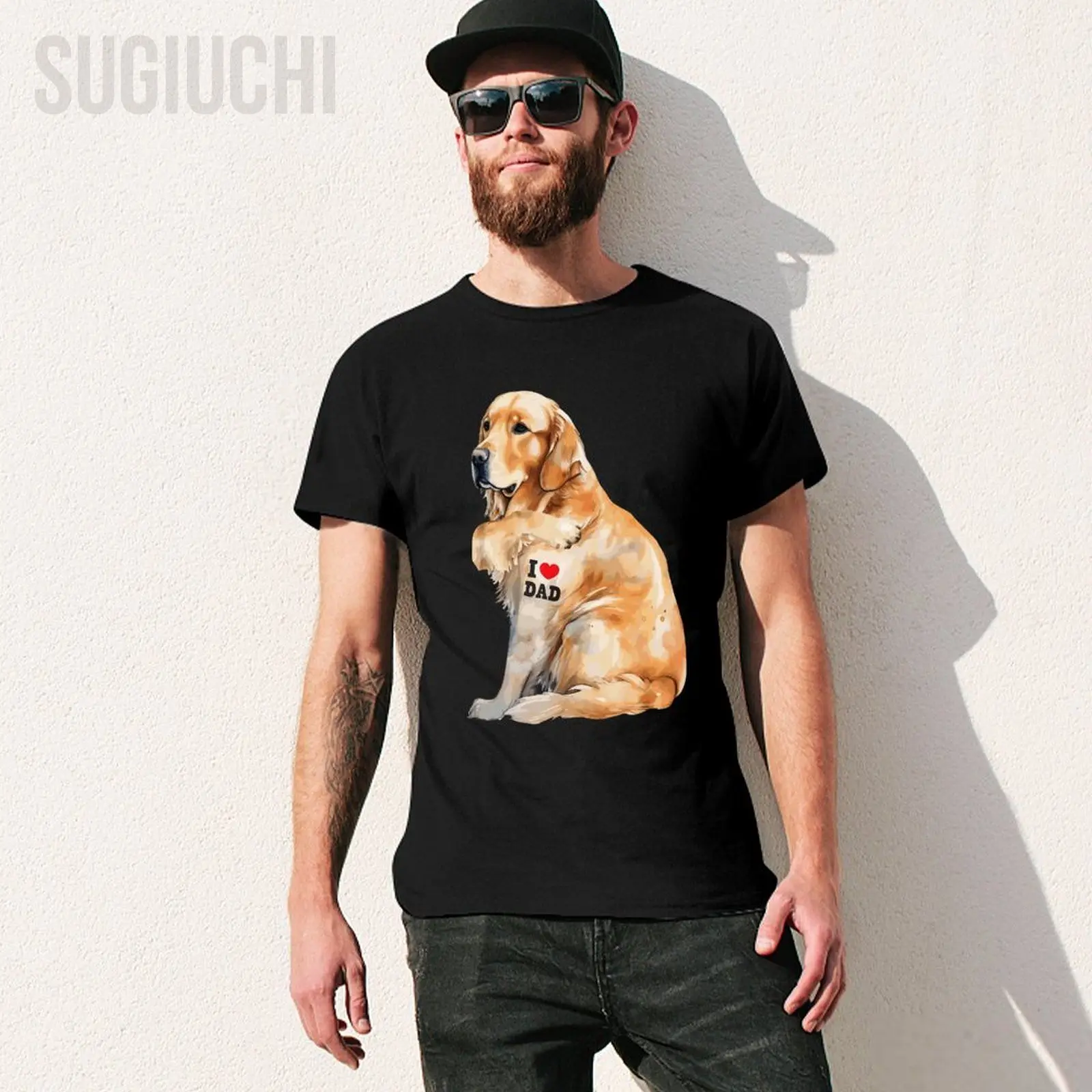 Unisex Men I Love Dad Patriotic Golden Retriever Canine Dog Lover Tshirt Tees T Shirts Women Boys 100% Cotton T-Shirt