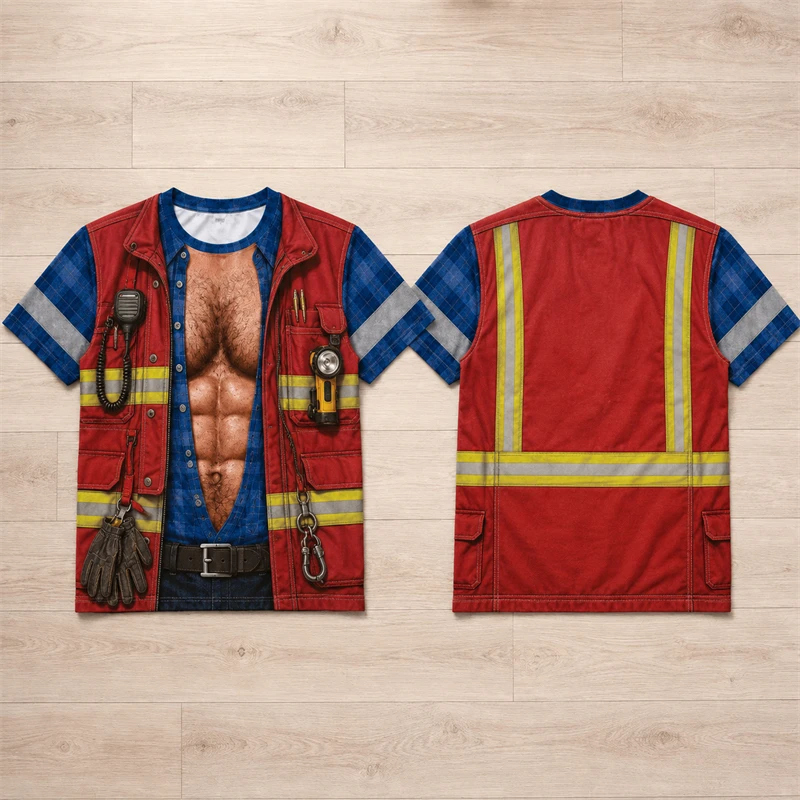 Men 3D Fake Work Vest Print T‑Shirt Funny Construction Worker Costume Graphic Short Sleeve TeeTops For Party Cosplay Holiday Tee