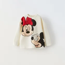 Camiseta de manga larga con estampado de Mickey y Minnie para niñas, disfraz de moda de dibujos animados, bonita camisa Base de cuello redondo, nuevas camisetas de Disney