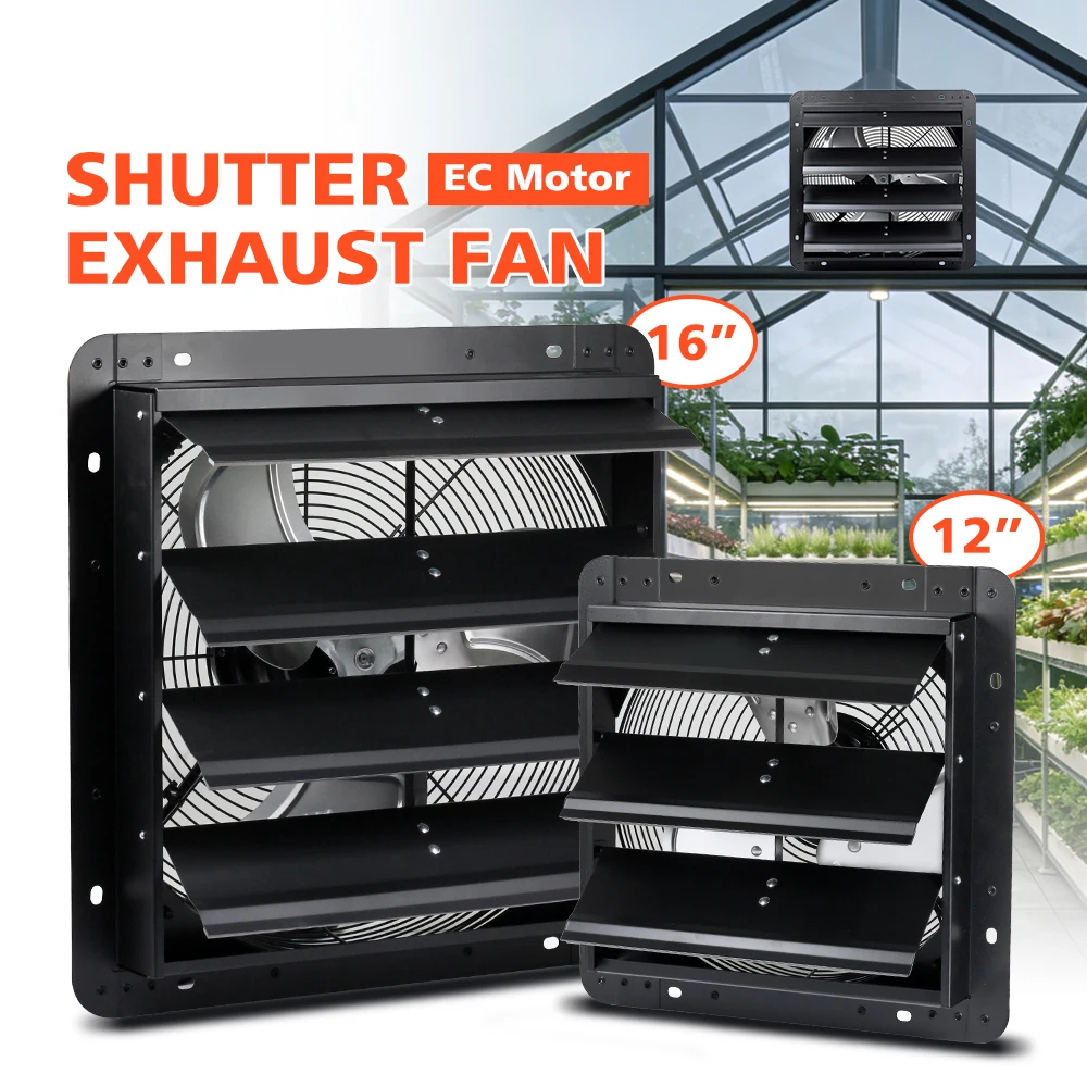 12/16 Inch Shutter Exhaust Fan High Performance EC Motor Ventilation Fan For Greenhouse Attic Warehouse Air Ventilation