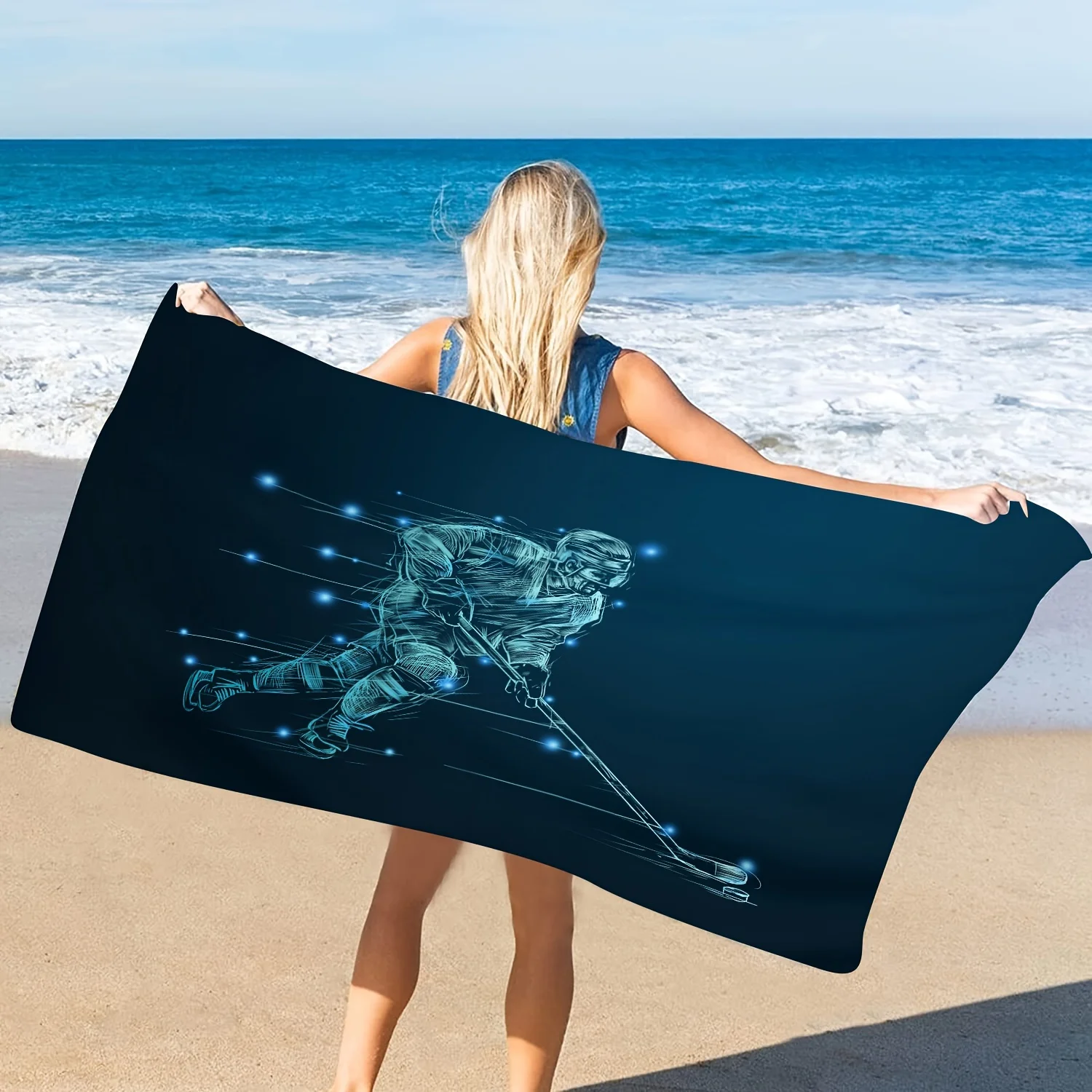 Cool Hockey Player Beach Towel Blue Neon Light Effect Microfiber Bath Towel Soft Absorbent Beach Blanket Swim Accessories