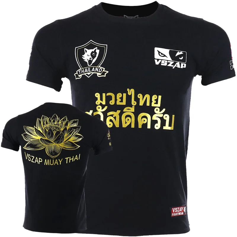 Vszap Thailand Lotus Short Sleeve T-shirt Summer Male Muay Thai T-Shirt Men MMA Tiger Cotton O-Neck Print Fitness Sweatshirt