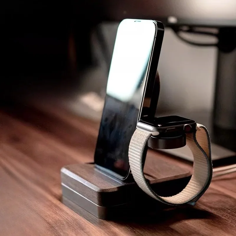 

Беспроводная зарядная станция из массива дерева: подставка для часов из орехового дерева с док-станцией для телефона, минималистичный настольный органайзер 2-в-1