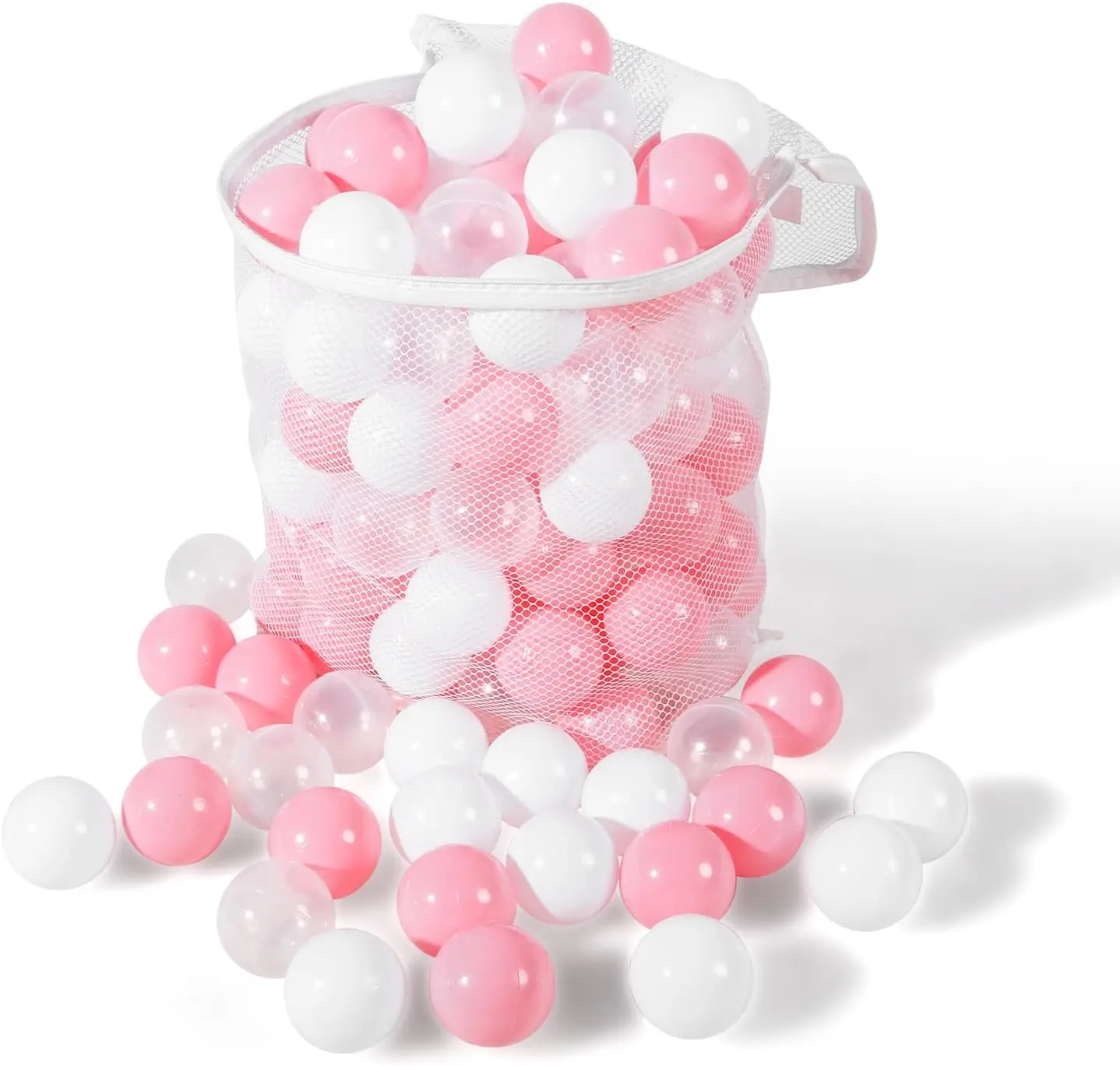 Zachte plastic ballenpitballen, 100 stuks roze + wit + transparant, plastic speelgoedballen voor kinderen, verpletterende stressballen voor feestjes