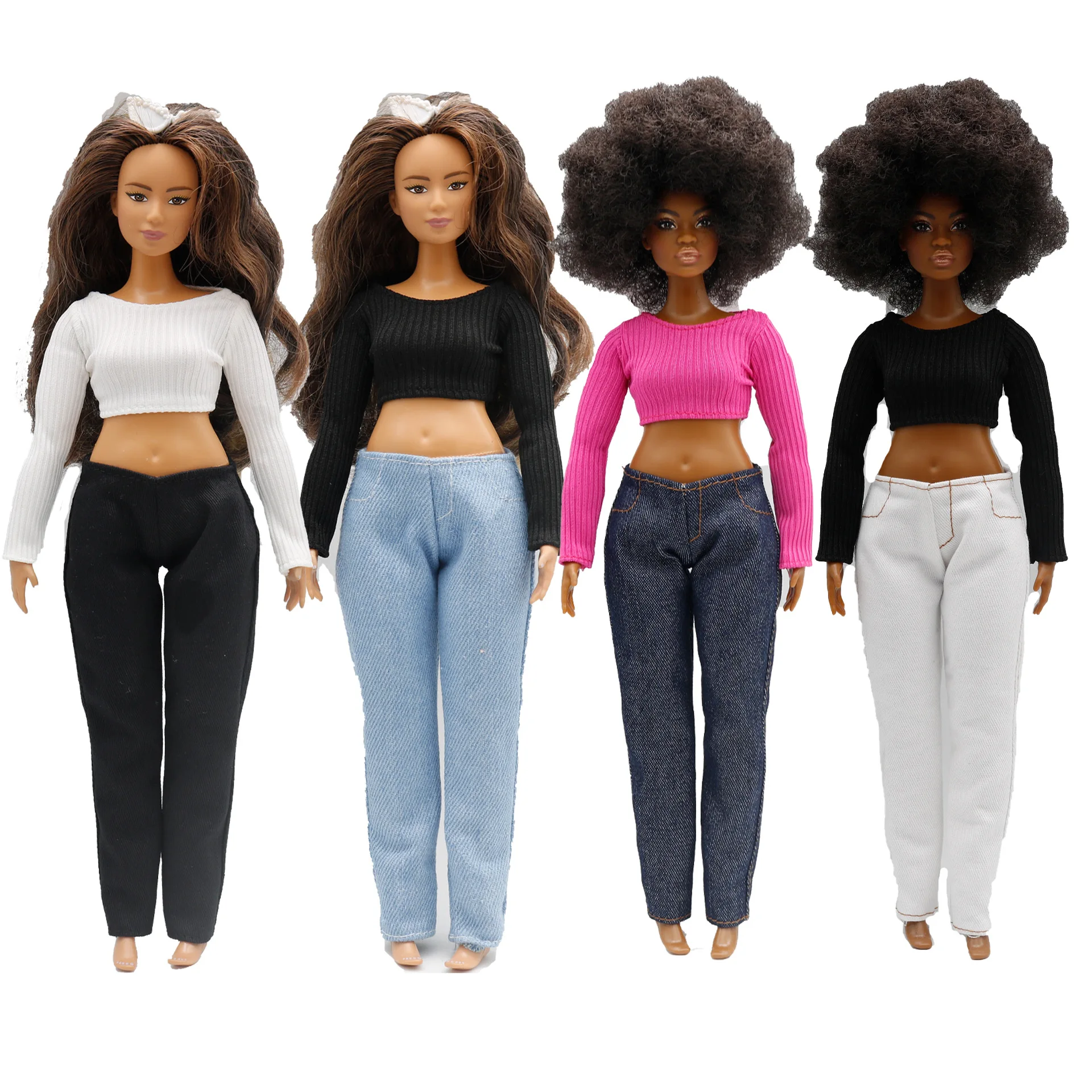 

New Fashion Jeans Striped Short T shirt Crop Top Set Pants Clothes For Curvy Barbie 30cm 1/6 Doll Accessories Dollhouse Toys