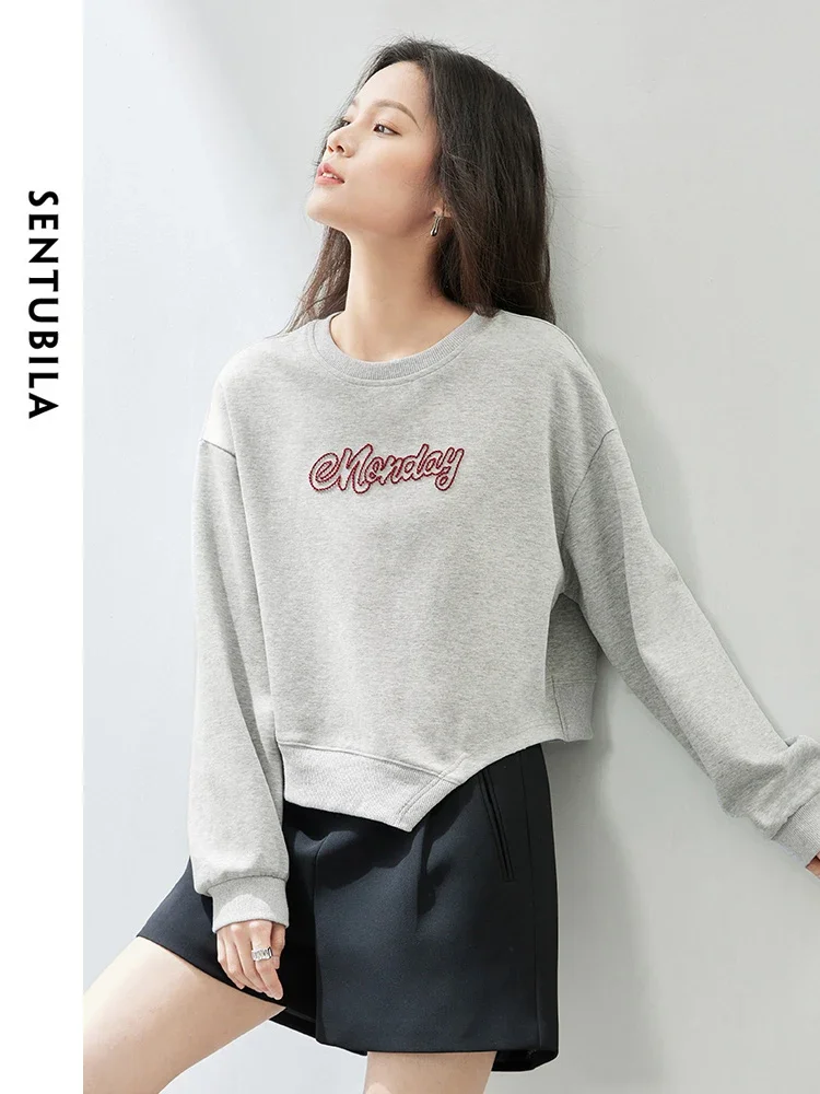 SENTUBILA Embroidery Cotton Blend Sweatshirts Women 2025 Spring Autumn Loose Drop Sleeve Pullover Womens Tops Clothing 141A53460