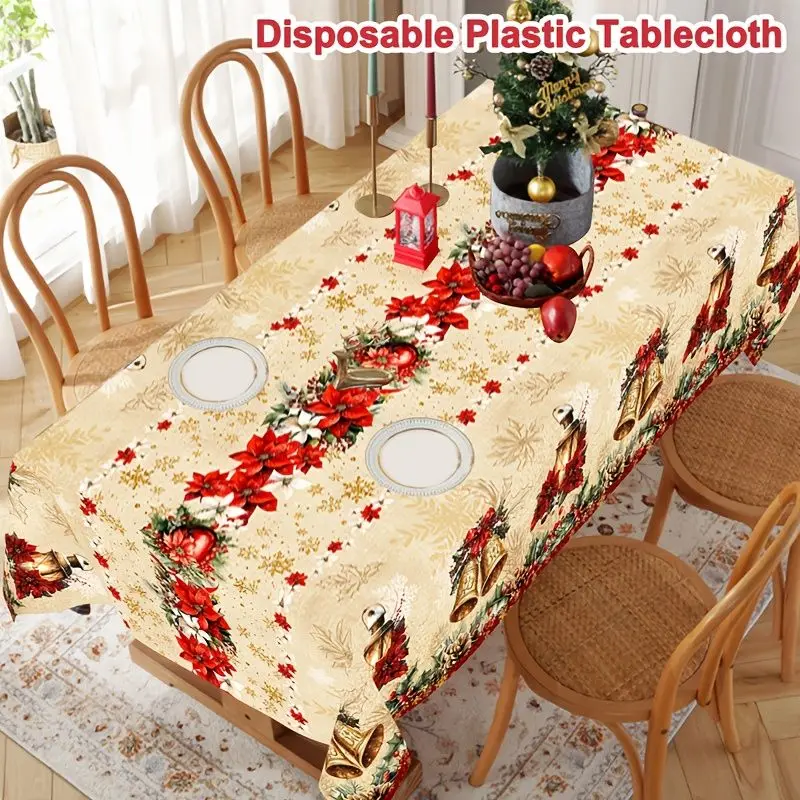 VIKAMA Vintage Christmas Tablecloth Cream Beige Poinsettia Golden Bell Holly Berry Rectangle Xmas Table Cover Kitchen Dining