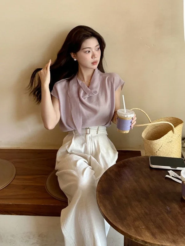 

Ele Purple Women's irt Summer 2025 New Sle Korean Loose Fit ort Sve Bow Tie oulder Bared Flng Sve Top
