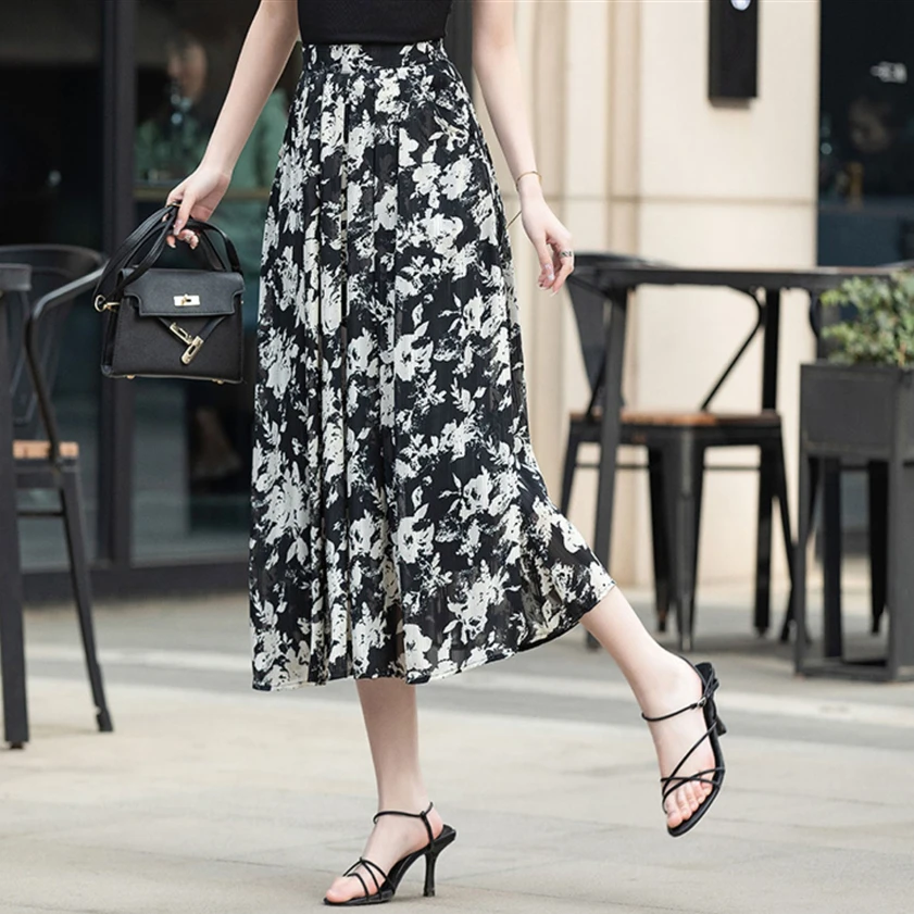 صيف جديد 2026 تنانير شيفون بناتي متوسطة الطول بخصر مطاطي عتيق مطبوعة على شكل حرف a خفيفة الوزن ومزاجية أنيقة #6