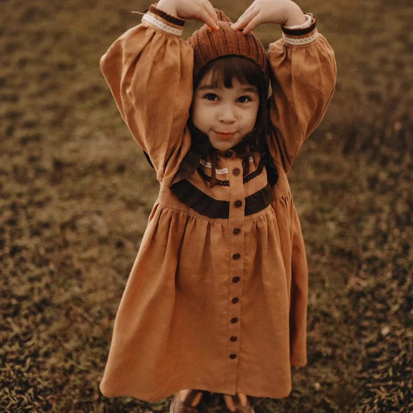 

2025 Russian Girls Linen Spring and Autumn Cardigan Lace Casual Forest Style Princess Versatile Long Sleeved Dress