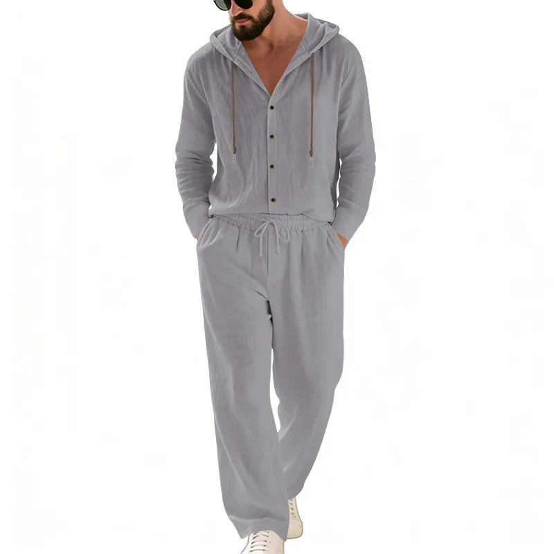 

Мужской комплект из льна и хлопка: рубашка с капюшоном на пуговицах и длинные брюки, повседневная летняя пляжная одежда, несколько цветов