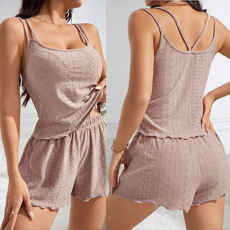 Pajamas for Women Summer Sleepwear Hollow Out Pajama Long Sleeve Tops Shorts Pyjama 2 Piece Set Homewear Nightwear
