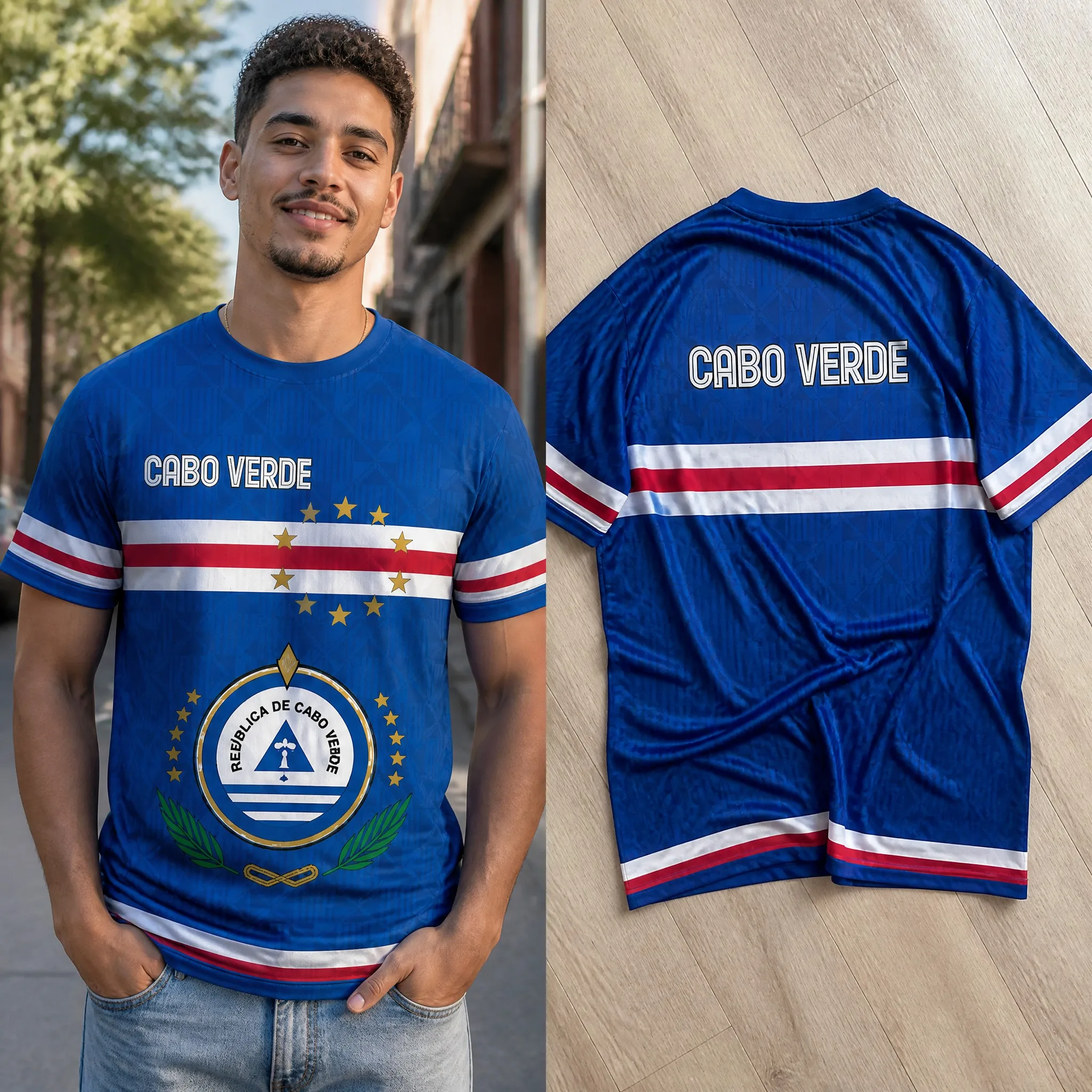 Mens Cabo Verde Crew Neck T Shirt Stripe Crest Print Short Sleeve Casual Top Classic Style Graphic Front Back Streetwear For Men