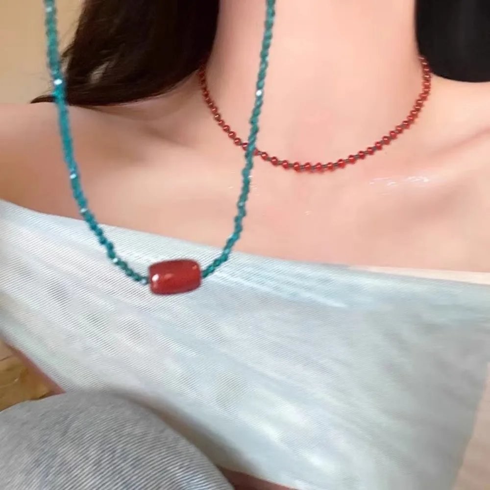 New Colorful Cubes Beaded Zinc Alloy Red Blue Contrast Neck Chain Beads Strand Chokers For Women
