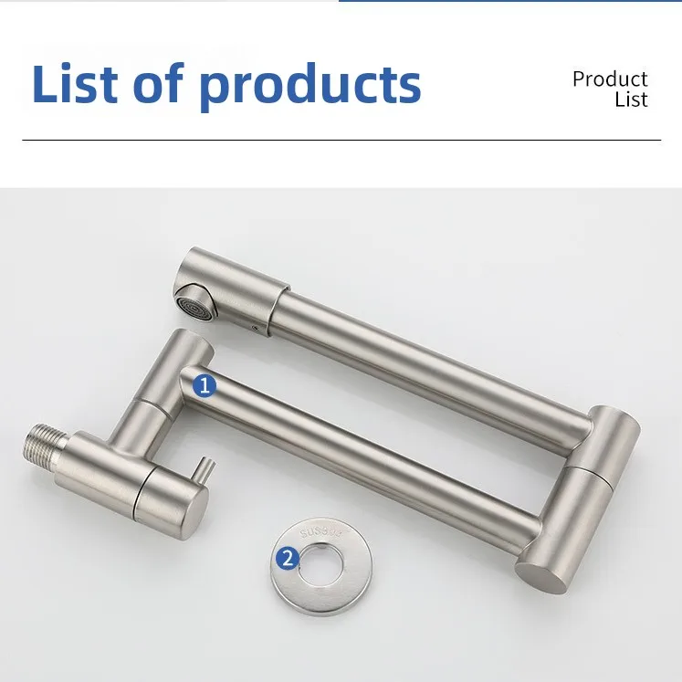 304 Stainless Steel Wall‑in Kitchen Tap Single Cold Fold Long Swing Spout 360° Rotation Wall Mount Faucet for Sink Basin view 3