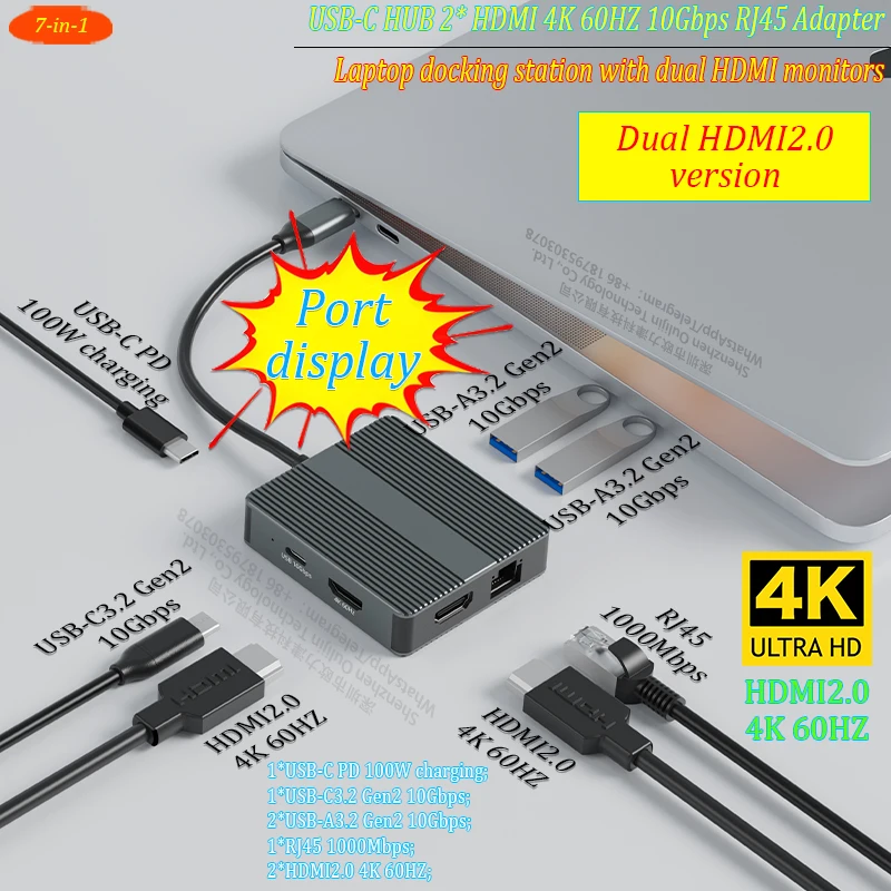 USB C Hub 7-In-1 USB3.2 Adapter Type C Hub Laptop Docking Station with 4K 60Hz Dual HDTV RJ45 Ethernet PD Fast Chargin for Mac