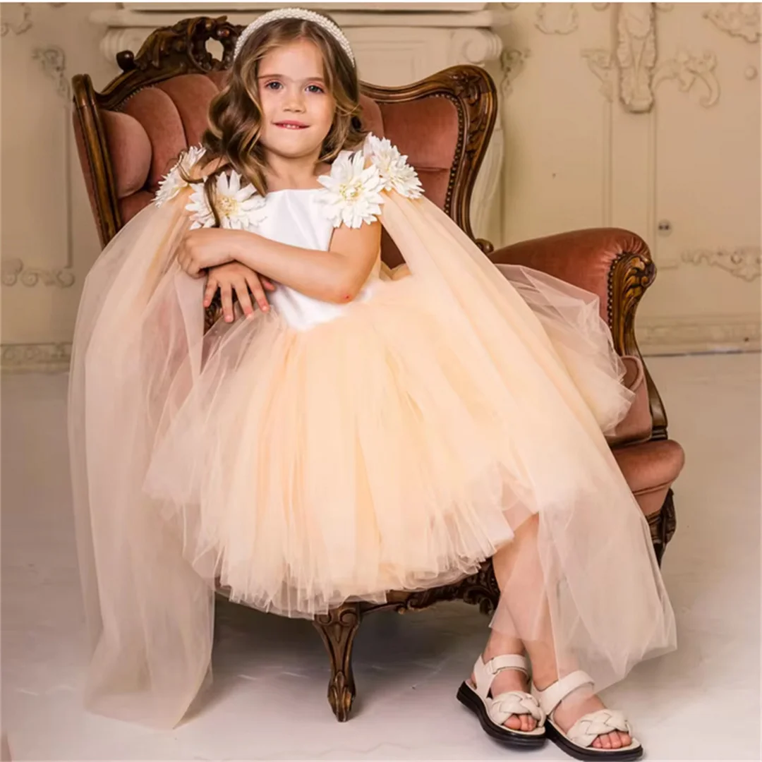

Customized Flower Girl Dress White Orange Tulle Flowers With Shawl Sleeveless For Wedding Birthday Pageant Holy Communion Gown