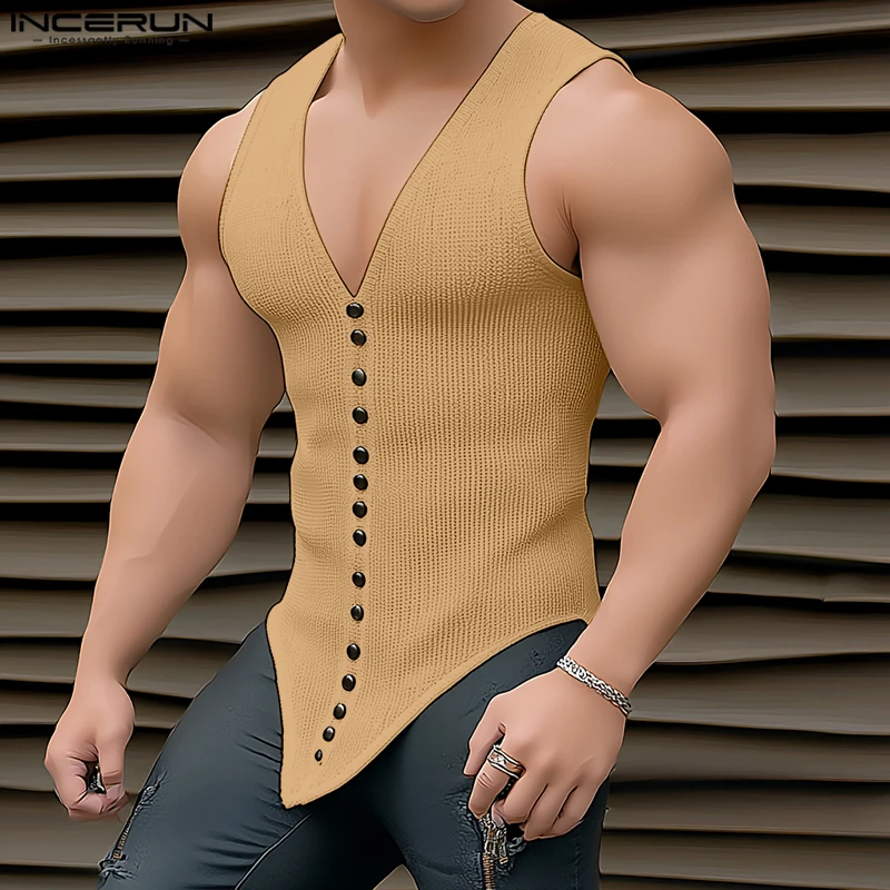 

INCERUN мужские майки, однотонные жилеты без рукавов с v-образным вырезом и пуговицами, мужская уличная одежда, лето 2024, повседневная мужская одежда, S-3XL