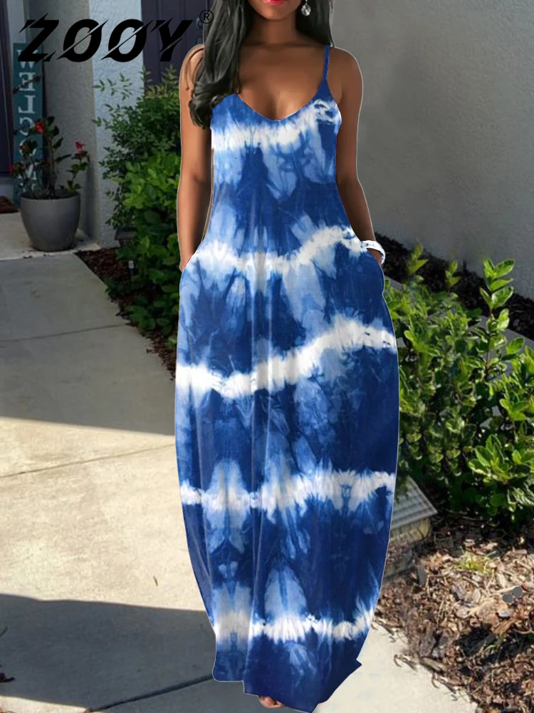 

XXS-6XL Plus Size Sling Dress Women Casual Fashion Tie Dyed Stripe Printed Sleeveless Long Dress Floor Mopping Dress ZOOY