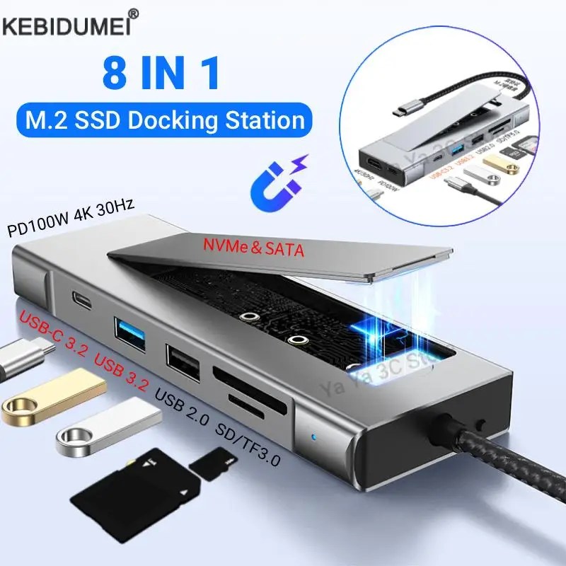 

8-in-1 USB-C Hub M.2 SSD Enclosure Support NVME&SATA With 4K 30HZ HD PD 100W USB 3.2 SD/TF Reader For Macbook Laptop