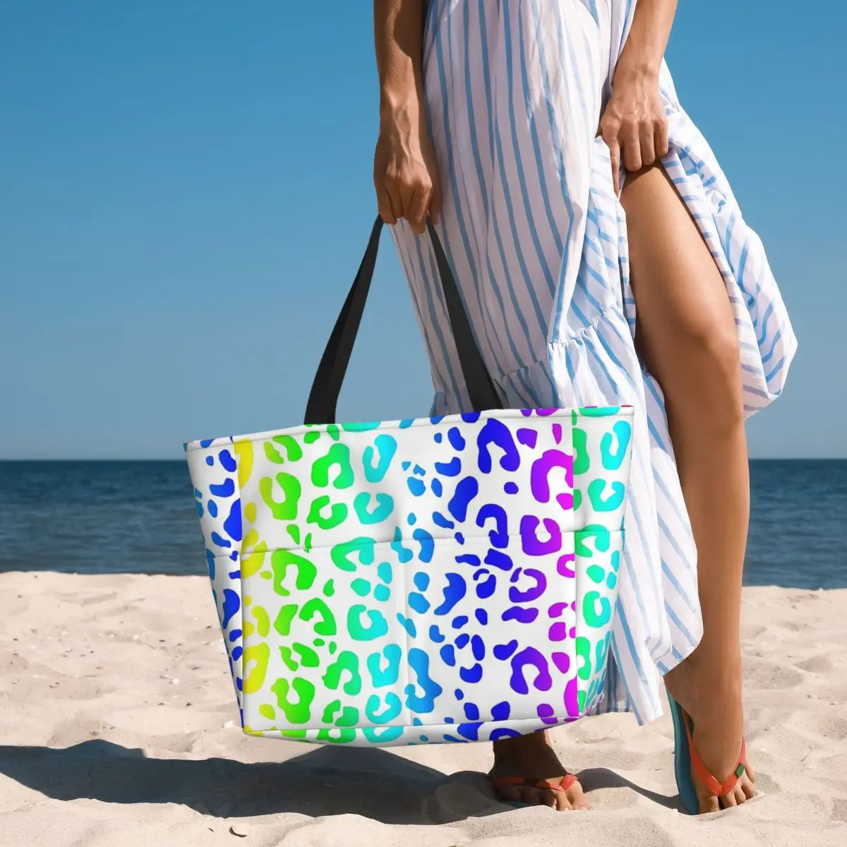 Tas Tote Pantai Motif Macan Tutul Pelangi dan Bintik Putih Tas Tote Besar untuk Olahraga Gym Yoga Tas Travel Wanita Tas Kebugaran