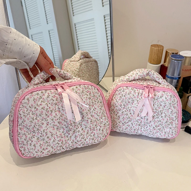 Personalized Floral Makeup Bag Women's Cotton Fabric Storage Bag Travel Toiletry Bag Custom Embroidered Birthday Gift for Girls