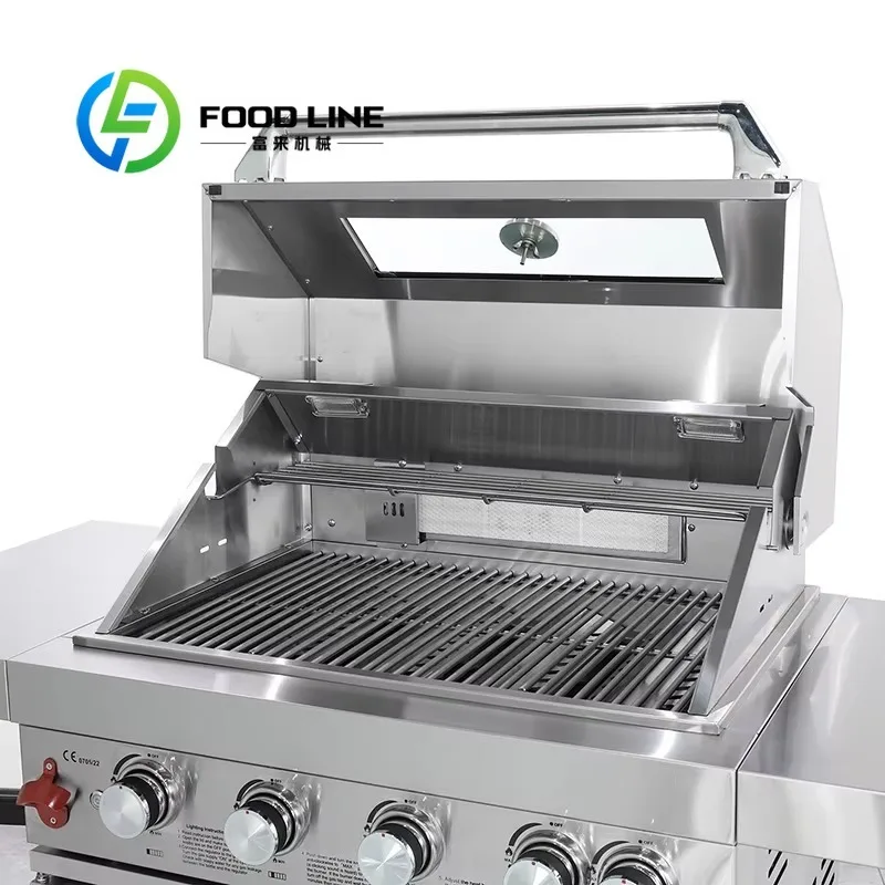 Modern Open Outdoor Stainless Steel 4 Tube Burners Kitchen Gas Barbecue Grill With Trolley