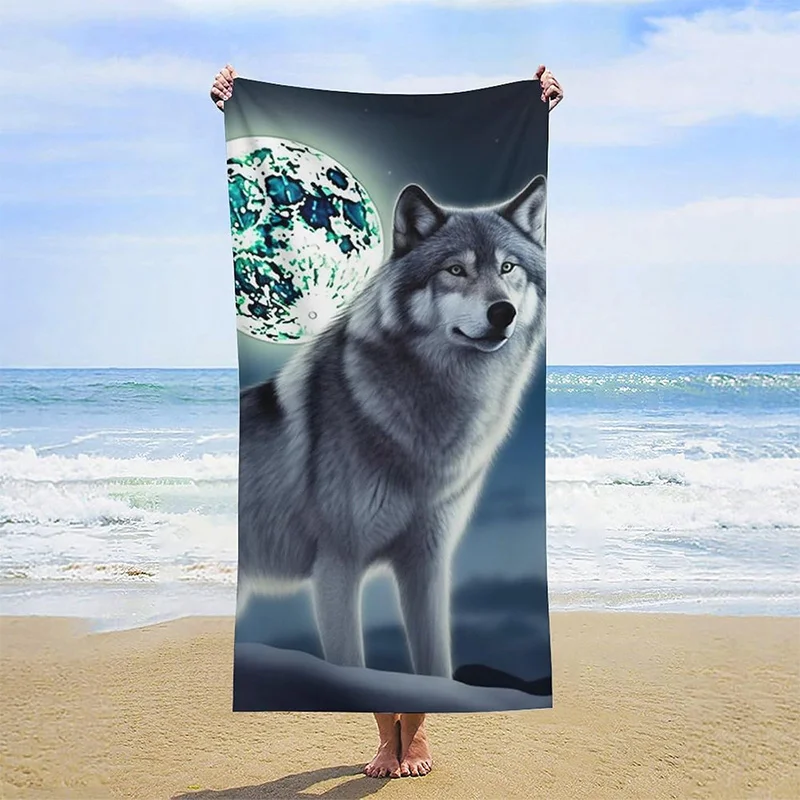 

Beach Towel Wolf & Moon Beach Towel Patterned Sunscreen And Windproof Suitable For Swimming Pool Camping Travel Blanket