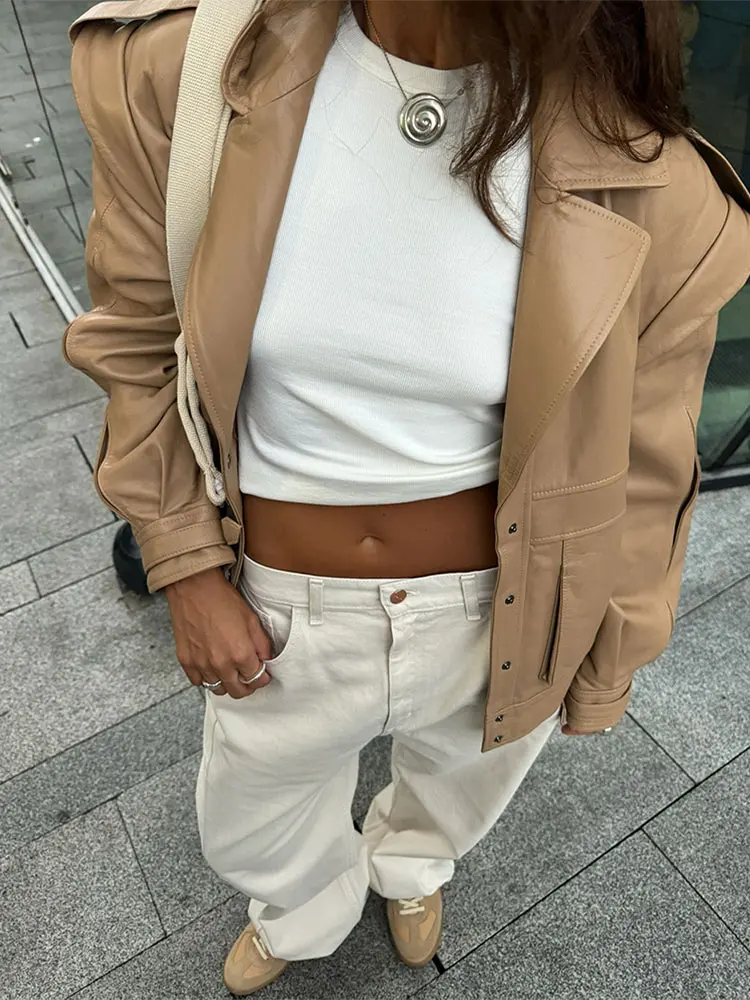 Women Fashion Solid Single Breasted Loose Leather Jacket Elegant Lapel Long Sleeves Pocket Short Coat Autumn Lady Street Outwear