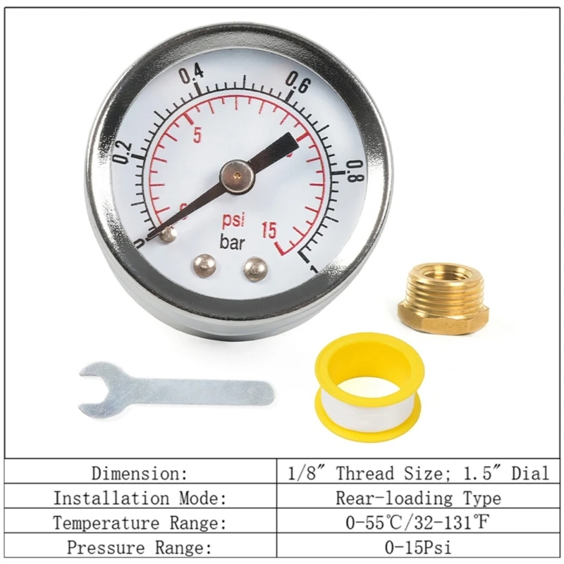 1/8'' NPT Pressure Gauge 0-15PSI 0-1Bar & Wrench Adaptor Double Scale Pressure Gauge for Fuel Injections System