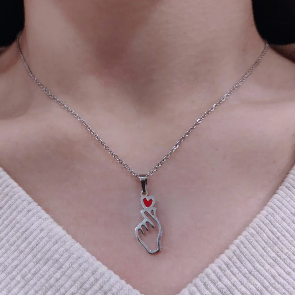 2023 New Stainless Steel Hollow Heart Hand Pendant Necklace BT21 Love Korean Style Man Women Jewelry Gift image 3