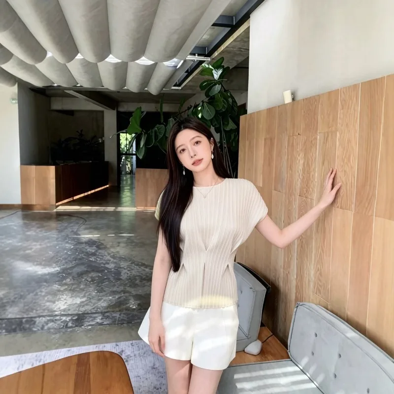 Miyake Pleated T-Shirt Plisse 2026 New Fashion Age-Reducing Slimming Fold Shirt Women's Short Sleeve T-Shirt Loose Pleats Top