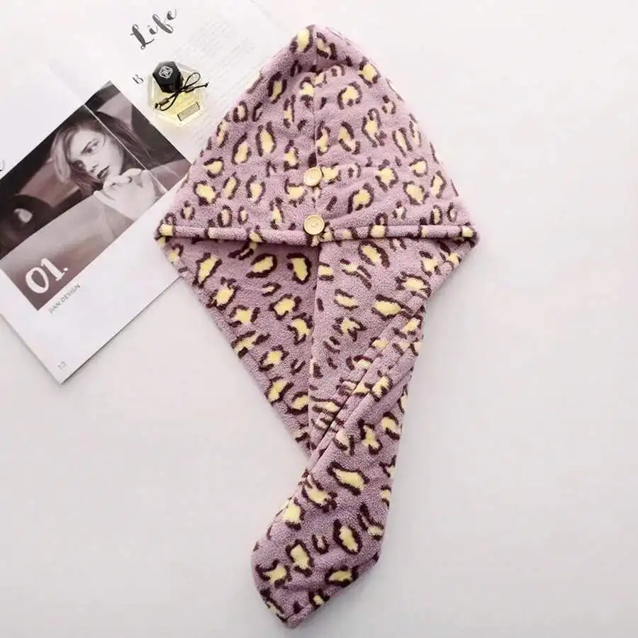 

Thick Coral Fleece Leopard Print Hair Drying Cap Quick Dry Towel Hat Double Layer Absorbent Bath Cap
