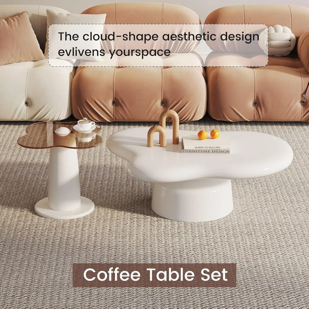 Clover Shape Coffee Table Set of 2 for Living Room, Cream Cloud Center Table with Glass Top Cute Side Tablefor  coffee table