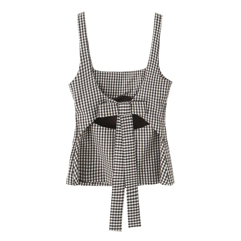 YYAHAHAS New Sexy Backless Camisole Top with Bow Decoration and Small Checkered Pattern for Summer 2026 Female Clothing
