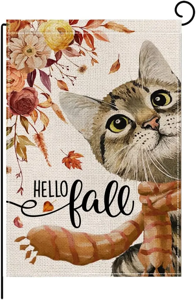 Fall Garden Flags 12x18 Inch Autumn Garden Flag Double Sided Hello Fall Cat Yard Flag For Outside Autumn Fall Holiday Outdoor De