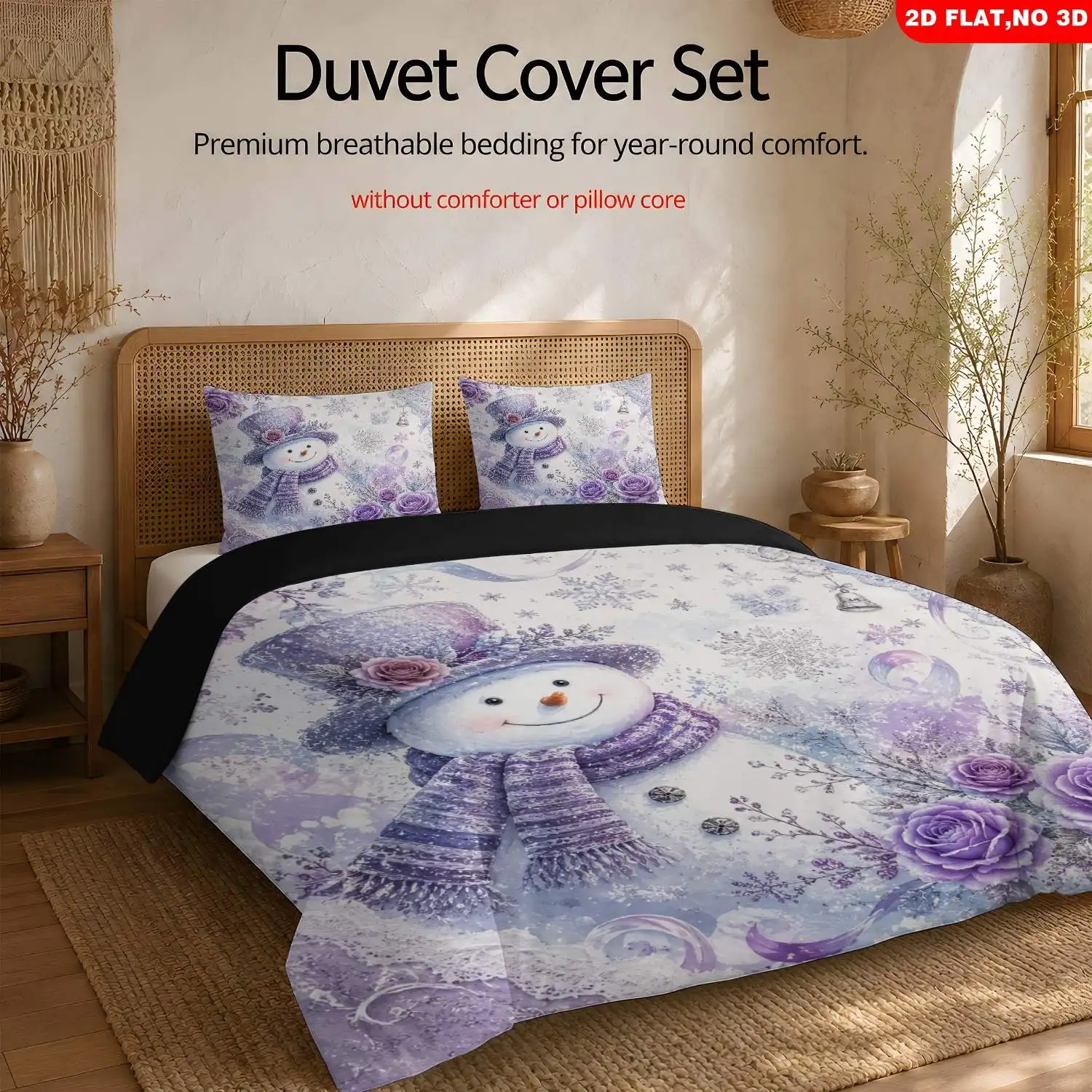 The Latest Printed Quilt Cover Set, 2D Flat Printed Snowman and Purple Rose Quilt Cover Bedding Set, Three-Piece Printed Quilt Cover Set for Cozy Bedroom Decoration (Suitable for All Seasons, Machine Washable, Invisible Zipper, Large Quilt Cover Set, Bedding Set Quilt Cover)