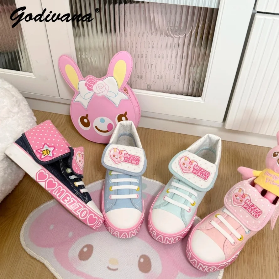 Student Girls Kawaii Canvas Shoes New Spring and Summer Japanese Style Cartoon Embroidered Denim Canvas Shoes Pumps