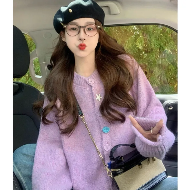 

Warm Gentle Style Knit Cardigan Purple Knitted Sweater Coat Women's Loose Comfortable Style Autumn Winter New Arrival Soft
