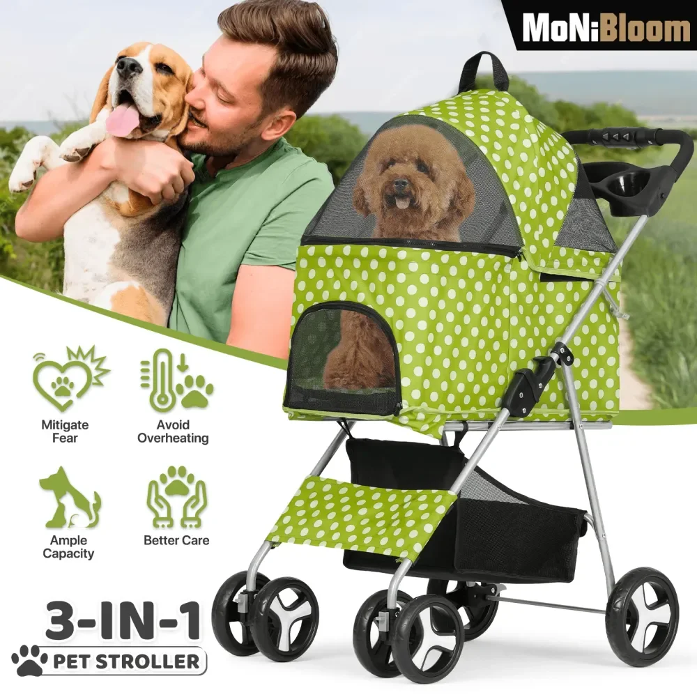 

In 1 Foldable Pet Stroller For Small Medium Dogs, Detachable Carrier, Car Seat, Push Button Entry, 4Wheel Jogger For Pets To