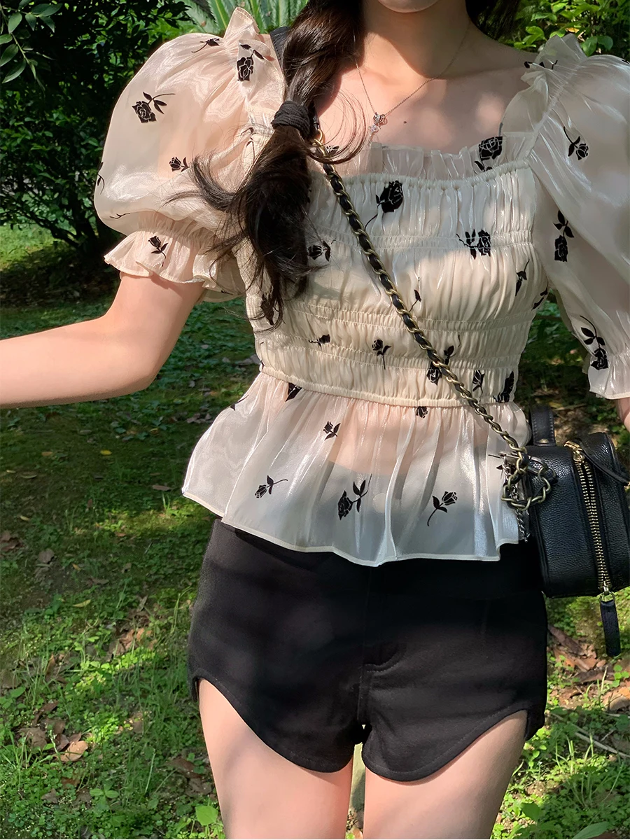 

SIMONA Summer New Original Design Bubble Sve iny Glass Rose Floral Print Slim Fit Sweet Top Women's Faion irt