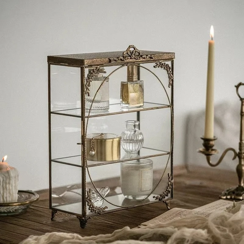 Vintage court brass handmade transparent glass display case, metal tabletop, jewelry display stand, living room