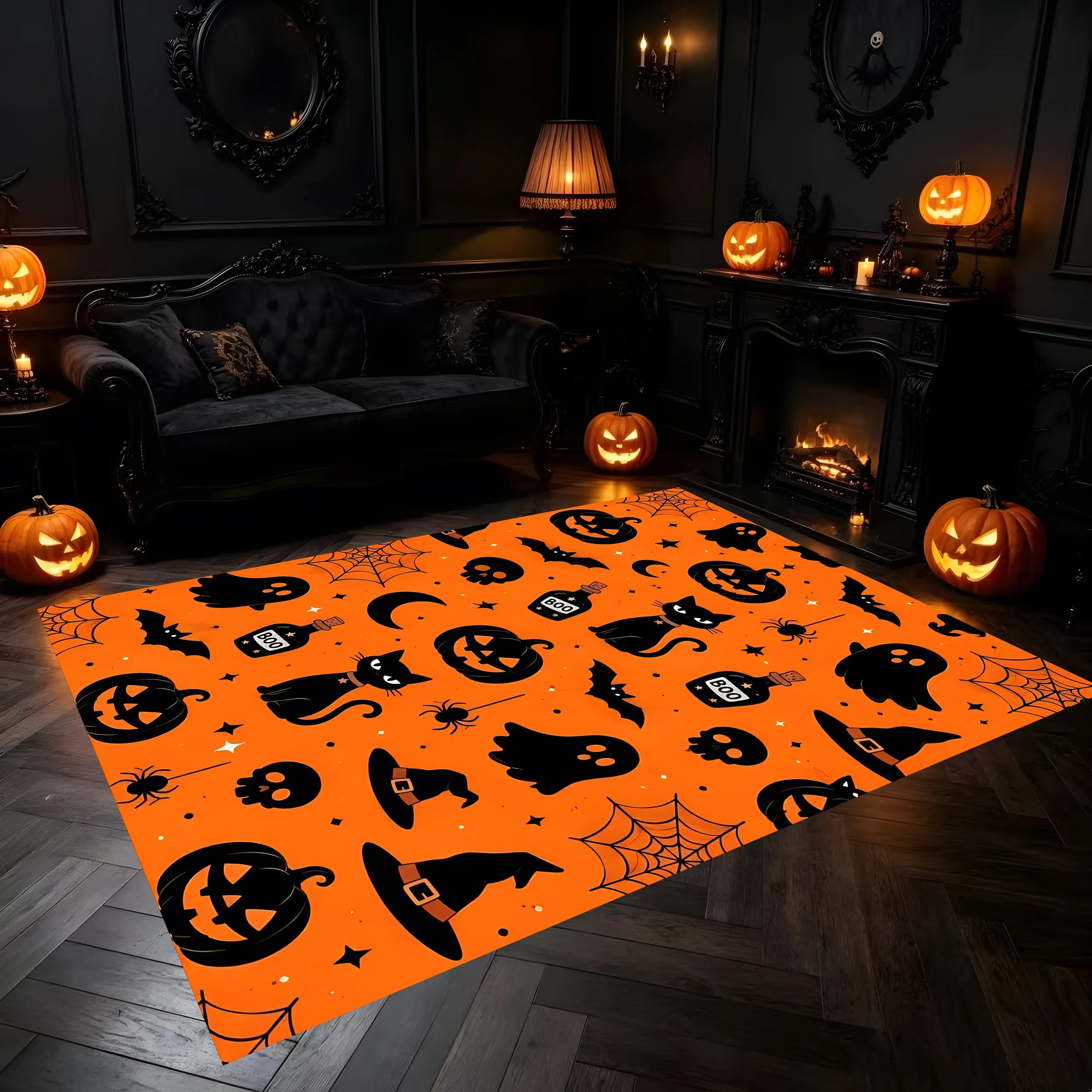 Halloween Fun Elements Boo Slogan Rug, Quirky Holiday Carpet for Living Room Bedroom Party, Festive Home Decor