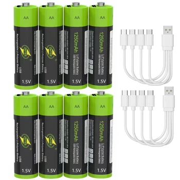 8pcs ZNTER-USB rechargeable lithium polymer battery, 1.5V AA, 1250mAh, fast charging with micro USB cable