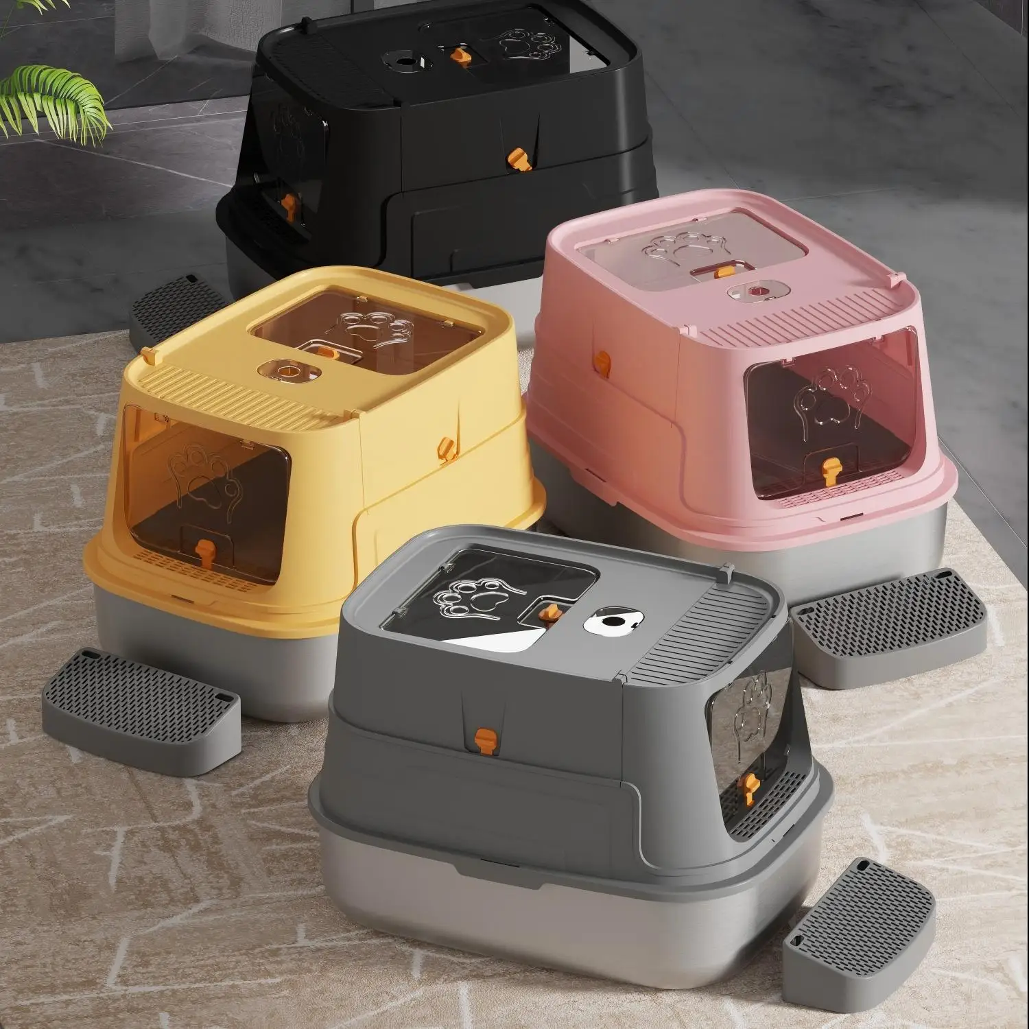 

Stainless Steel Litter Box with Lid Front Entry Top Exit Kitty Litter Box Extra Large Enclosed Metal Cat Box with Litter Scoop