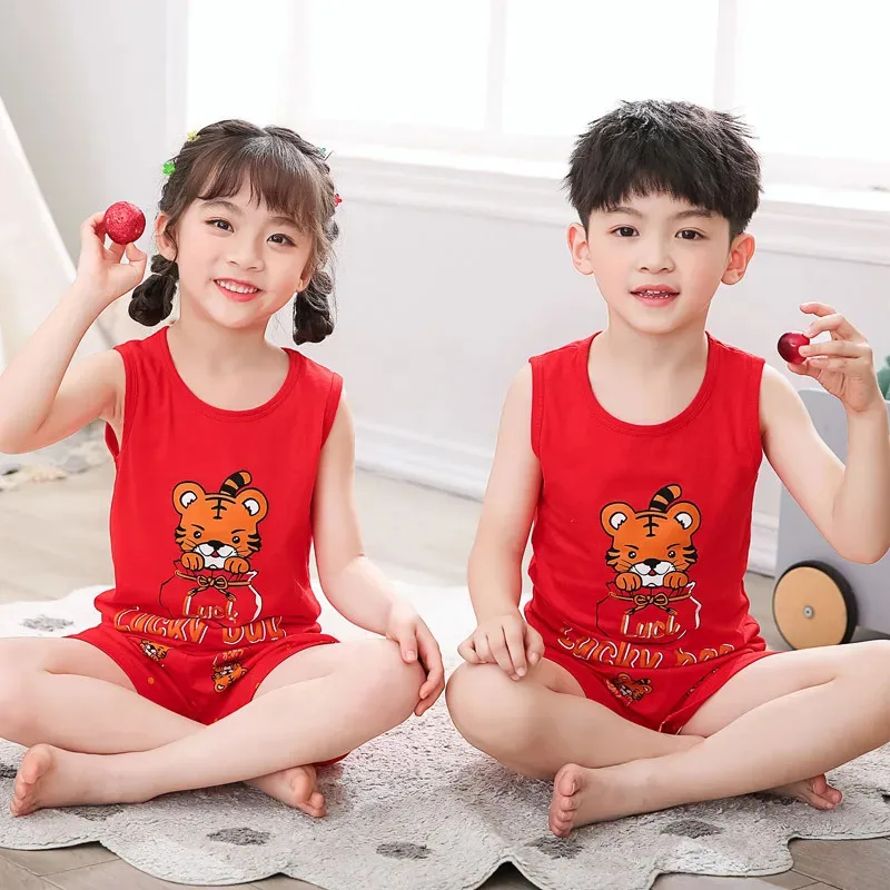 

qq342 4 5 6 7 8 9 Years Kids Sleeveless Pajamas 2pcs +Shorts Clothing Infant Cotton Breathable Vest Sets Boy Girl Cartoon Pi