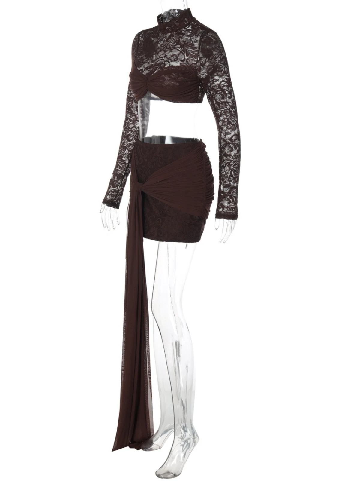 SsTss-Conjunto de 2 piezas de encaje transparente para mujer, Top corto de manga larga con cuello levantado de retazos y minifalda con cinta atada