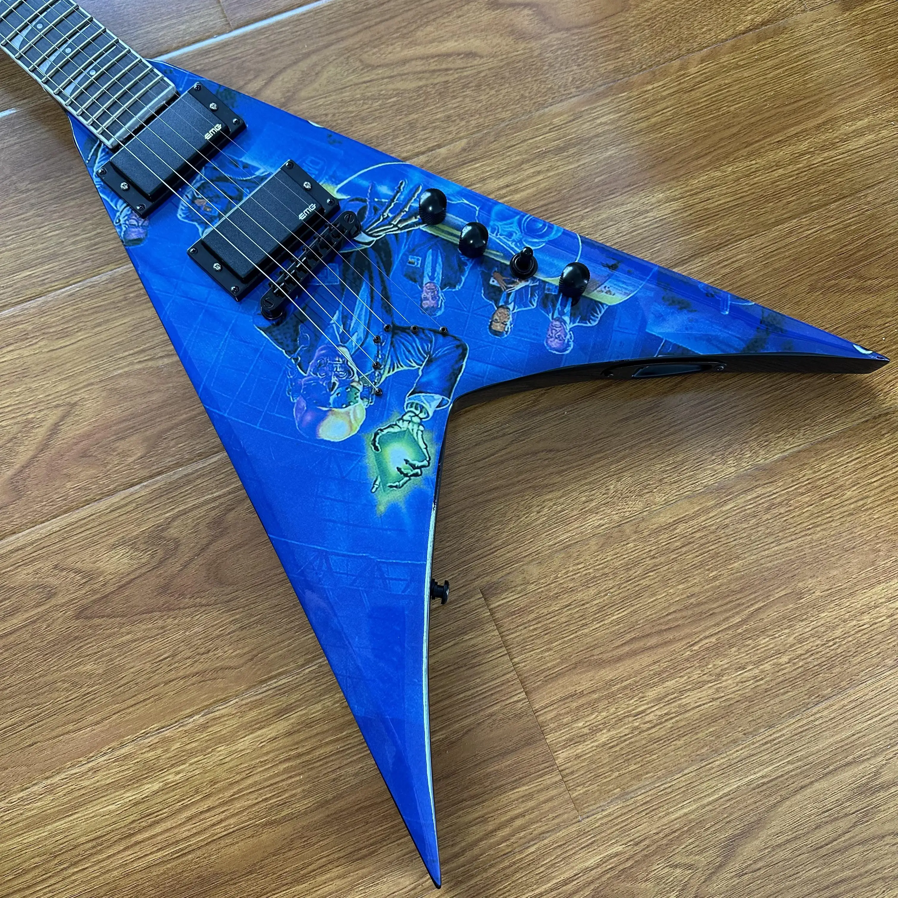 

Высококачественная электрогитара Flying V синего цвета на заказ, 6-струнная профессиональная электрогитара из красного дерева, тематический подарок, бесплатная доставка