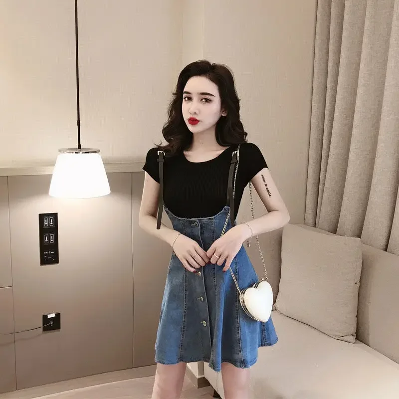 Commuting Sexy 2 Pieces Sets for Women Denim Mature Cotton Short Sleeve Night Club Woman Outfit Dress Ruffles Stylish Vintage